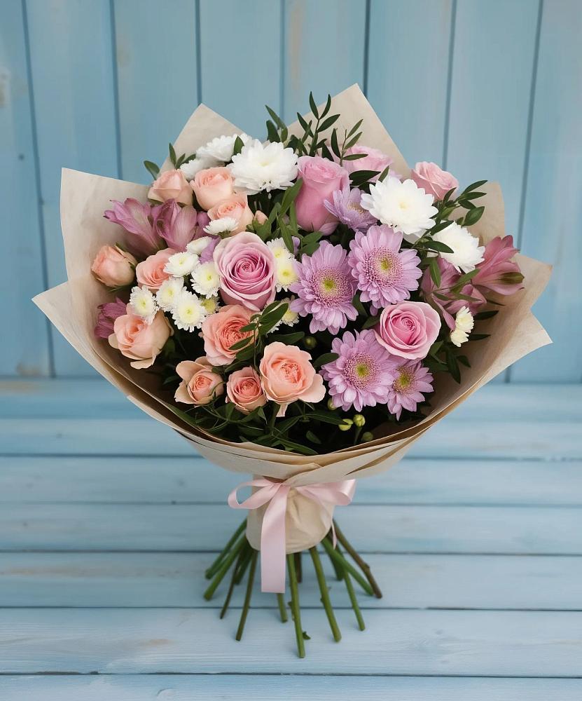 Букет цветов из: Хризантемы, Розы и Альстромерии в Бородино